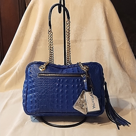 Valentina blue leather bag with chain shoulder strap and tassel. NWT. - Picture 3 of 13